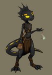 ambiguous_gender anthro black_body clothing digitigrade feet fin foot_wraps head_fin looking_at_viewer potion pupils slit_pupils solo spots teeth teeth_showing torn_clothing wraps yellow_eyes yellow_spots varlastreak dungeons_and_dragons hasbro wizards_of_the_coast amphibian kobold salamander scalie