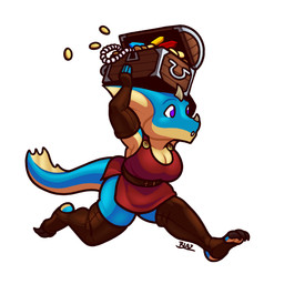 anthro armwear blue_body breasts clothing coin elbow_gloves eyebrows female fingerless_gloves gem gloves handwear holding_object horn jewelry legwear necklace purple_eyes shortstack shortstack_female solo tan_body treasure treasure_chest blazbaros kobold scalie 1:1 2022