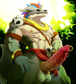 4_fingers abs balls biceps big_penis bodily_fluids bone bone_mask bottomwear clothing fingers forearm_muscles frenum_ladder frenum_piercing genital_fluids genital_piercing genitals green_body humanoid_genitalia humanoid_penis ladder_piercing loincloth male mask muscular muscular_male nipple_piercing nipple_ring nipples non-mammal_nipples pecs penis penis_piercing piercing precum prince_albert_piercing ring_piercing scrotum_piercing skull skull_mask solo spermatic_cords_jewelry vein veiny_penis koyo_draka terraria witch_doctor_(terraria) lihzahrd reptile scalie absurd_res hi_res
