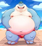 anthro beach belly big_belly bulge clothing cloud countershading detailed_background detailed_bulge footwear male moobs navel nipples obese obese_male outside overweight overweight_anthro overweight_male sandals seaside shoes solo swimwear water stompsyeen dreamworks the_bad_guys mr._shark_(the_bad_guys) fish marine shark 2022 hi_res