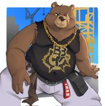 anthro belly brown_body brown_fur construction_site eye_scar facial_scar fur jewelry male missing_eye navel_outline necklace overweight scar solo saiper_art mihoyo zenless_zone_zero ben_bigger bear mammal hi_res