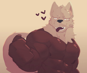 anthro black_nose brown_body facial_scar fangs fur heart_symbol hearts_around_head inner_ear_fluff male muscular muscular_anthro muscular_male neck_tuft scar sharp_teeth simple_background solo tail teeth tongue tongue_out tuft yellow_eyes zappyron dog_ningen rex_(dog_ningen) canid canine hybrid mammal digital_drawing_(artwork) digital_media_(artwork) hi_res lineless shaded