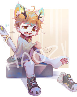 4_toes ahoge ambiguous_gender anthro antlers bangs bell bell_collar black_antlers black_clothing black_footwear black_shoes black_sneakers blue_ears blue_hair blue_hair_tips bodily_fluids bottomless bottomless_anthro bottomless_male brown_hair censored_genitalia clothed clothing collar cute_fangs discarded_footwear disembodied_hand duo emanata facial_tuft fangs feet fondling fondling_penis foot_focus footprint footwear forced forced_exposure fur glowing glowing_antlers grey_body grey_clothing grey_ears grey_footwear grey_fur grey_inner_ear_fluff grey_robe grey_socks grey_topwear hair highlights_(coloring) horn inner_ear_fluff legwear male motion_lines multicolored_ears multicolored_hair offscreen_character open_mouth pawpads pawprint pink_pawpads raised_tail red_collar robe robe_lift sexual_assault shoes shoes_removed simple_background sitting sneakers socks socks_removed speech_bubble spread_legs spreading squirming tail tan_background tears teeth text toes tongue topwear topwear_lift tuft white_background yellow_glow yellow_inner_ear young young_anthro young_male emolga_1 nintendo pokemon ambiguous_species deer domestic_cat emolga felid feline felis generation_5_pokemon hybrid mammal pokemon_(species) censored chinese_text digital_media_(artwork) hi_res shaded watermark