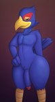 anthro beak blue_body blue_feathers blue_penis feathers feet flaccid genitals hand_on_hip humanoid_genitalia humanoid_penis looking_at_viewer male penis solo talons thick_thighs toes wide_hips yellow_talons chunknudies nintendo star_fox falco_lombardi avian bird hi_res