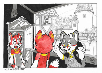 anthro big_fangs cape clothing fangs fur grey_body grey_fur group horn logo male male_anthro markings mirror open_mouth open_smile red_body red_fur red_markings red_tongue shocked smile teeth tongue white_body white_fur white_horn yellow_eyes yellow_markings young young_anthro young_male pandapaco parinton bat bear bovid canid canine caprine giant_panda goat mammal vampire 2019 artist_logo dated signature traditional_media_(artwork)