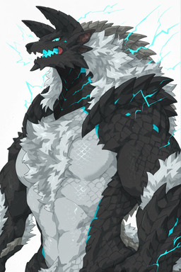 anthro arm_tuft bioluminescence black_body black_horn black_scales blue_eyes blue_mouth blue_tongue bottomless chest_tuft clothed clothing electricity glowing grey_body grey_scales horn male mane midriff muscular muscular_male pubes scales solo spikes spikes_(anatomy) standing tongue topless tuft gansigong capcom monster_hunter fanged_wyvern zinogre 2026 colored digital_drawing_(artwork) digital_media_(artwork) hi_res shaded