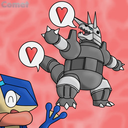 anthro blue_body duo gesture grey_body happy heart_symbol male metal simple_background smile waving cometmystic21 nintendo pokemon comet_(cometmystic21) aggron amphibian frog generation_3_pokemon generation_6_pokemon greninja pokemon_(species) 1:1 hi_res