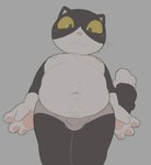 4_fingers :3 anthro belly big_eyes black_body black_fur body_hair briefs briefs_only bulge closed_smile clothed clothing detailed_bulge dipstick_tail fingers front_view fur gloves_(marking) grey_background grey_briefs grey_clothing grey_underwear happy happy_trail looking_at_viewer male markings moobs mouth_closed multicolored_body multicolored_fur navel nipples overweight overweight_anthro overweight_male pawpads pink_nipples pink_nose pink_pawpads raised_tail simple_background smile solo standing tail tail_markings thick_thighs topless two_tone_body two_tone_fur underwear underwear_only whiskers white_body white_fur yellow_sclera cafongterua working_buddies! rufuta_hachitani domestic_cat felid feline felis mammal tuxedo_cat digital_media_(artwork) drawpile_(artwork) flat_colors portrait three-quarter_portrait