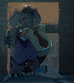 anthro beak belt belt_buckle blouse bottomwear bubble buckle button_(fastener) claws clothing collared_shirt dark denim denim_bottomwear denim_clothing dress_shirt drunk drunk_bubble duo feathers half-closed_eyes jeans male mature_anthro mature_male nails narrowed_eyes necktie overweight pants proboscis_(anatomy) shirt smile spiral substance_intoxication topwear trunk_(anatomy) bluescale_(artist) avian bird elephant elephantid mammal proboscidean toucan