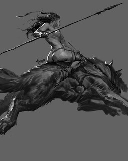 areola breasts butt clothed clothing duo female melee_weapon nipples polearm spear topless weapon bayard_wu canid canine canis humanoid mammal orc wolf 2016 monochrome