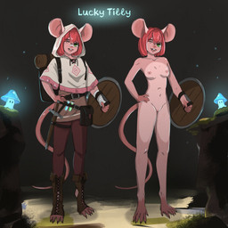 anthro bangs biped breasts casual_nudity clothed clothing digitigrade dungeon feet female front_view fur genitals hair looking_at_viewer mouse_ears mouse_tail nipples nude off/on open_mouth pose short_hair simple_background small_breasts smile solo standing tail teeth text topwear yourumi tilly_(yourumi) mammal mouse murid murine rodent 1:1 cel_shading character_name digital_drawing_(artwork) digital_media_(artwork) english_text full-length_portrait hi_res model_sheet multiple_images multiple_versions portrait shaded