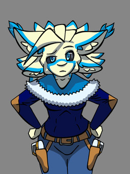 4_ears anthro belt belt_buckle black_sclera blue_body blue_bottomwear blue_clothing blue_ears blue_eyes blue_pants bottomwear breasts buckle clothed clothing female female_anthro grey_background gun handgun hands_on_hips looking_at_viewer multi_ear pants pose ranged_weapon simple_background solo topwear weapon white_body white_ears isi_avalibot isi_de_sa_(isi_avalibot) avali avian 3:4 hi_res portrait three-quarter_portrait