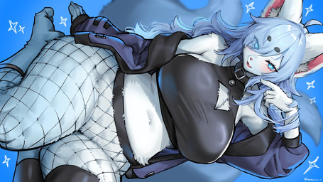 5_fingers ahoge anthro barefoot bell bell_collar bent_legs big_breasts black_clothing blue_clothing blue_eyes blue_hair blush breasts chest_tuft circle_eyebrows clothing collar crop_top eye_through_hair eyebrows eyelashes feet female female_anthro fingers fishnet_clothing fishnet_legwear fishnet_stockings fur hair inner_ear_fluff jacket kemono legwear long_hair long_tail looking_at_viewer open_mouth oversized_clothing pink_nose shirt simple_background sleveless_shirt solo star tail tank_top thick_thighs thigh_highs topwear translucent translucent_hair tuft white_body white_fur wide_hips suurin_2 wynter_storm_(wynterstxrm) arctic_fox canid canine canis fox mammal true_fox 16:9 2025 digital_drawing_(artwork) digital_media_(artwork) hi_res shaded signature widescreen