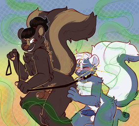 bodily_fluids collar erection genital_fluids hair kneeling leash leash_pull leashed_collar male male/male ponytail precum skunk_spray skunk_tail smelly stink_fumes stink_lines crownedvictory mammal mephitid skunk striped_skunk 2025 absurd_res hi_res tagme