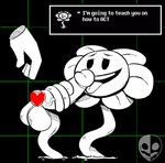 ambiguous_gender anthro balls bodily_fluids dialogue duo erection flower genital_fluids genitals human_on_anthro interspecies male male/male penile plant simple_background text vinejob notsafeforwanking undertale undertale_(series) flowey_the_flower boss_monster_(undertale) elemental_creature flora_fauna flower_creature human mammal 2024 digital_media_(artwork) english_text hi_res