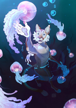 anthro brown_body brown_fur diving fur green_eyes male solo underwater water white_body white_fur geaidu rikki_(purrma) cnidarian cougar felid feline jellyfish mammal marine medusozoan 2025 absurd_res hi_res