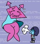 >_< arrow_(anatomy) blush bodily_fluids clothed clothing dress duo eyes_closed female male no_underwear pink_body pink_skin screencap screencap_background sweat upskirt katznono deltarune undertale_(series) kris_(deltarune) darkner human mammal monster virovirokun