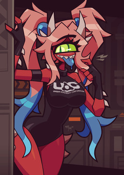 1_eye big_breasts breasts clothing eyelashes female green_eyes leotard long_eyelashes looking_at_viewer not_furry pigtails pose red_body sharp_teeth small_waist solo teeth thick_thighs wide_hips notyoursagittarius doom_(series) id_software microsoft cookie_demon_(robotjoe) cacodemon cyclops demon humanoid 2024 hi_res