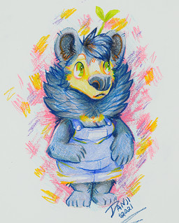 anthro chibi clothed clothing female fur green_eyes leaf looking_aside multicolored_body multicolored_fur overalls plant simple_background solo standing danji-isthmus bear mammal 2021 colored_pencil_(artwork) signature traditional_media_(artwork)