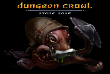 abstract_background ambiguous_gender armor clothing defensive_stance hat headgear headwear helmet holding_melee_weapon holding_object holding_shield holding_sword holding_weapon melee_weapon ring shield sword title_screen weapon nibiki dungeon_crawl_stone_soup octopod