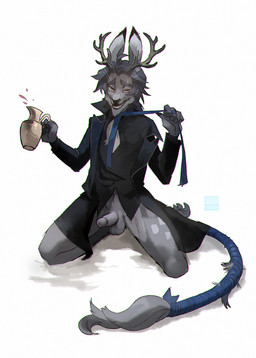 alcohol balls beverage bottomless clothed clothing drunk erection genitals hair jug kneeling male necktie open_mouth penis simple_background smile solo substance_intoxication super_gay teeth wine lingrimm the_crown_of_leaves deer mammal sahash