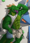 abs anthro biceps big_bulge bulge climbing_wall detailed_bulge flexing genital_outline male muscular muscular_male pecs penis_outline rock_climbing safety_harness solo tail tongue tongue_out saruuk sar lizard reptile scalie 2022 hi_res