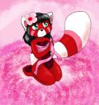 anthro awareness_ribbon biped black_hair breast_cancer_awareness breast_cancer_awareness_ribbon breasts cancer_(disease) cancer_awareness female flower fur green_eyes hair kneeling pink_ribbon plant pose red_body red_fur ribbons solo nyarengadget ailurid mammal red_panda 2013 digital_media_(artwork) low_res pinup