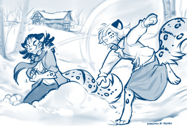 anthro barefoot biped bottomwear chest_tuft clothed clothed_anthro clothed_female clothing duo feet female fingers fully_clothed fully_clothed_anthro fully_clothed_female fur hair holding_snowball jacket markings one_eye_closed open_clothing open_jacket open_mouth open_smile open_topwear outside scarf skirt smile snowball_fight spots spotted_body spotted_fur spotted_markings spotted_tail tail tail_markings teeth toes topwear tuft winter conditional_dnp tom_fischbach twokinds adira_riftwall maeve_riftwall keidran 2026 blue_and_white digital_drawing_(artwork) digital_media_(artwork) hi_res monochrome sketch daughter_(lore) mother_(lore) mother_and_child_(lore) mother_and_daughter_(lore) parent_(lore) parent_and_child_(lore) parent_and_daughter_(lore)