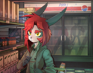 anthro appliance balaclava clothed clothing collared_shirt concealed_weapon criminal detailed_background ears_back eyebrows female fridge frown fur grey_body grey_fur grocery_store gun hair handgun holding_object holding_ranged_weapon holding_weapon hoodie inside kitchen_appliance looking_at_viewer male mask medium_hair pistol pivoted_ears ranged_weapon red_hair reflection robbery scowl shelf shirt shopping shopping_basket solo_focus standing thug topwear weapon white_body white_fur kosatich beretta_93r fabbrica_d'armi_pietro_beretta elisa_(kosatich) lagomorph leporid mammal rabbit 2024 digital_media_(artwork) hi_res