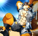 anthro beach blush bulge clothing countershading duo eyewear goggles male muscular muscular_anthro muscular_male outside pawpads seaside short swimwear text undressing undressing_partner alex168wang lifewonders live_a_hero barrel_(live_a_hero) canid canine canis mammal wolf hi_res japanese_text