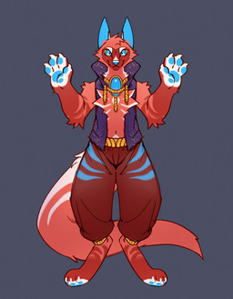 anthro arm_tuft blue_bottomwear blue_clothing blue_eyes blue_nose blue_pants blue_pawpads blue_stripes bottomwear cheek_tuft chest_tuft claws clothed clothing elbow_tuft facial_tuft finger_claws front_view fur glistening glistening_eyes head_tuft looking_at_viewer male mouth_closed navel pants pattern_bottomwear pattern_clothing pattern_pants pawpads pupils purple_clothing purple_topwear red_body red_bottomwear red_clothing red_fur red_pants shoulder_tuft simple_background slit_pupils solo standing striped_bottomwear striped_clothing striped_pants stripes topwear tuft unsigned white_body white_claws white_fur yellow_sclera asnnonaka jinn_(asnnonaka) digital_media_(artwork) full-length_portrait hi_res portrait