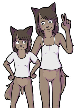 age_difference anthro balls bangs big_penis blunt_bangs bottomless brown_body brown_fur clothed clothing duo female fingers flaccid fur genitals gesture hand_gesture humanoid_genitalia humanoid_penis humanoid_vulva male male/female navel penis shirt shota simple_background smile tail thick_thighs topwear urethra v_sign vaginal vulva white_background young young_anthro young_female young_male younger_male stic1 canid canine canis mammal wolf 2025 hi_res sibling_(lore)