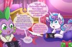 2019 aged_up bed blue_eyes clothed clothing curled_hair dialogue dragon duo electronics english_text equid equine feathered_wings feathers female flurry_heart_(mlp) friendship_is_magic fur furniture game_console gift green_eyes hair hasbro horn lying male mammal multicolored_hair my_little_pony mythological_creature mythological_equine mythological_scalie mythology nintendo nintendo_switch on_front open_mouth princess pupils purple_body purple_scales royalty scales scalie sharp_teeth slit_pupils spike_(mlp) teeth text tongue vavacung white_body white_fur winged_unicorn wings