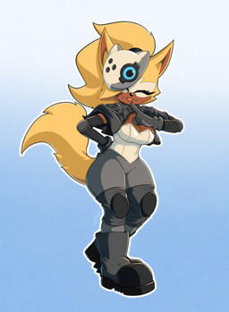 anthro blep blonde_hair boots breasts brown_body capelet clothing elbow_pads eyelashes eyes_closed facial_markings fangs female footwear gloves hair handwear head_markings knee_pads markings mask mask_(marking) ponytail shoes solo teeth tongue tongue_out roboticsteve idw_publishing sega sonic_the_hedgehog_(comics) sonic_the_hedgehog_(idw) sonic_the_hedgehog_(series) whisper_the_wolf canid canine canis mammal wolf 2026 absurd_res hi_res
