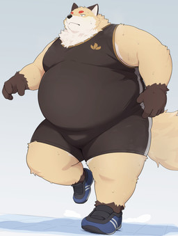 anthro belly big_belly black_nose bodily_fluids kemono male moobs overweight overweight_male simple_background solo sweat wrestling_singlet noctnoc canid canine fox mammal 2026 absurd_res hi_res