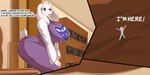 anthro big_breasts book bookshelf breasts clothed clothing detailed_background dialogue eyelashes female fur furniture larger_female mature_female micro pupils purple_clothing shadow size_difference text thick_thighs white_body white_fur son2j undertale_(series) toriel bovid caprine human mammal hi_res