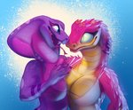 2020 5_fingers anthro big_breasts bikini blue_eyes breast_squish breasts cleavage clothed clothing cobra duo female female/female fingers fivel forked_tongue happy liatris multicolored_body multicolored_scales non-mammal_breasts open_mouth open_smile pupils reptile romantic romantic_couple scales scalie sherbet_(fivel) simple_background slit_pupils smile snake snake_hood squish swimwear tongue tongue_out two-piece_swimsuit viper