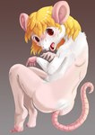 blonde_hair blush buckteeth butt female gradient_background hair nude open_mouth red_eyes simple_background solo surprise teeth transformation edmol mammal mouse murid murine rodent 2014