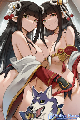 blush blush_lines bottomless bottomless_female breasts butt butt_grab clothed clothing convenient_censorship duo female female/female hand_on_butt humanoid_pointy_ears looking_at_viewer patreon_logo pointy_ears pressing_breasts text sollyz capcom monster_hunter patreon hinoa_(monster_hunter) minoto_the_hub_maiden wyverian 2021 url sibling_(lore) sister_(lore) sisters_(lore) twins_(lore)