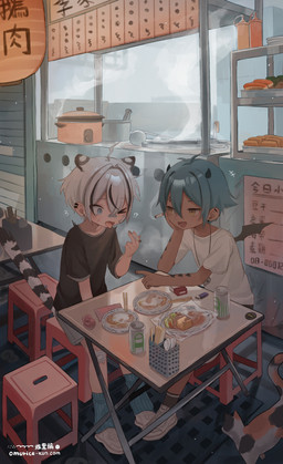 5_fingers beverage_can biped chopsticks cigarette clothed clothing duo ear_piercing fingers food furniture hair holding_cigarette holding_object horn human_and_animal_ears interrobang male multi_ear one_eye_closed open_mouth piercing shirt table tail text tongue tongue_out topwear wings young young_humanoid young_male omurice-kun mao_(omurice-kun) animal_humanoid demon demon_humanoid felid felid_humanoid horned_humanoid humanoid mammal mammal_humanoid tailed_humanoid absurd_res hi_res url