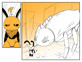 ambiguous_gender antennae_(anatomy) anthro arthropod_abdomen biped black_body duo eyelashes feral half-closed_eyes looking_at_another mouth_closed multi_eye multi_leg multi_limb narrowed_eyes neck_tuft oblivious question_mark standing tuft white_body wings lizardfungus bug_fables moonsprout_games vi_(bug_fables) arachnid arthropod bee hymenopteran insect 2023 monochrome female_(lore)