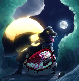 abdominal_bulge ambiguous_gender anthro belly belly_on_ground belly_press big_tail black_body black_clothing black_fur black_shirt black_topwear bodily_fluids bracelet brush_tail bubble burping clothed clothing colored_cum cum digestion digestive_fluids digestive_juice ejaculating_on_self ejaculation eyes_closed feral forest forest_background full_moon fully_inside fur fur_markings genital_fluids genitals glowing glowing_markings grey_body grey_fur hat head_tuft headgear headwear heterochromia inside_stomach jewelry looking_at_belly male markings moon night nude open_mouth partially_submerged paw_on_belly paws penis pink_cum pink_markings plant raised_clothing raised_shirt raised_topwear saliva saliva_string satisfied_look scarf shirt slightly_chubby smile smirk tail teeth teeth_showing tongue tongue_out topwear tree tuft unusual_bodily_fluids unusual_cum unusual_genital_fluids vore white_body white_fur willing_pred willing_prey x-ray_view raster_dreams nintendo pokemon raster_dreams_(character) eeveelution generation_2_pokemon lagomorph mammal pokemon_(species) umbreon absurd_res hi_res