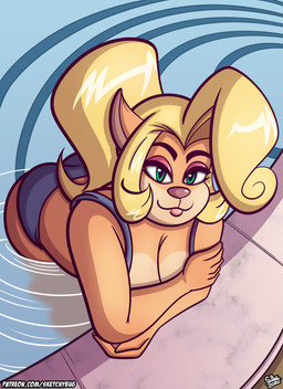 5_fingers anthro arms_around_torso big_breasts blonde_hair breasts clothing eyebrows eyeshadow female fingers fur green_eyes hair looking_at_viewer makeup multicolored_body multicolored_fur pink_eyeshadow pink_nose poolside seductive solo swimwear tan_body tan_fur text thick_eyebrows two_tone_body two_tone_fur water sketchybug activision crash_bandicoot_(series) coco_bandicoot bandicoot mammal marsupial 2020 hi_res signature url