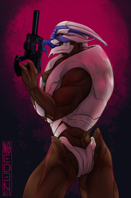 gun long_tongue looking_at_viewer looking_back looking_back_at_viewer male nude ranged_weapon rear_view smile solo tongue tongue_out weapon noeden bioware electronic_arts mass_effect horans_(maomucalinda) alien turian hi_res