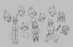 anthro athletic athletic_anthro athletic_male bottomwear clothed clothing fully_clothed gloves hair hair_over_eye hair_over_eyes handwear male one_eye_obstructed pants shirt short_hair shorts solo tank_top topwear hidden_(artist) ki_orosubi canid canine fox mammal 14:9 2019 hi_res model_sheet monochrome multiple_images sketch