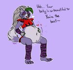 anthro anthro_pred belly big_belly bodily_noises claws clothed clothing compliment dialogue digestion digestion_noises ear_piercing ear_ring fangs female female_pred fully_inside fur green_hair hair half-closed_eyes hand_on_belly hand_on_own_belly heart_after_text heart_symbol implied_unbirth leg_warmers legwear machine narrowed_eyes navel onomatopoeia open_mouth piercing praise ring_piercing rumbling_stomach self_praise shoulder_pads sitting soft_vore solo sound_effects spread_legs spreading talking_to_self teeth text text_with_heart toe_claws tongue tongue_out vore g3xa five_nights_at_freddy's five_nights_at_freddy's:_security_breach scottgames steel_wool_studios roxanne_wolf animatronic canid canine canis mammal robot wolf 2022 digital_media_(artwork) english_text hi_res