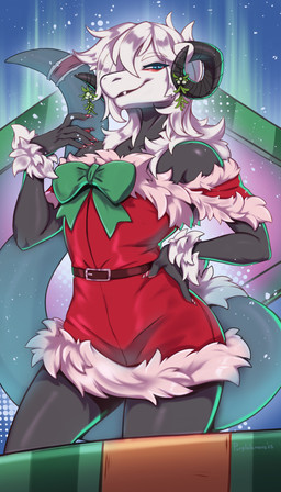 anthro biped claws clothed clothed_anthro clothed_female clothing female fingers front_view holidays horn looking_at_viewer smile solo standing tail teeth thick_thighs wide_hips purplelemons christmas mythology dragon mythological_creature mythological_scalie scalie 2025 4:7 digital_drawing_(artwork) digital_media_(artwork) hi_res