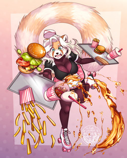 accident anthro beverage black_nose bottomwear bread breasts burger carhop cheese cleavage clothed clothed_female clothing cola container cup dairy_products detailed_food drinking_straw female female_anthro food footwear fries fruit green_eyes hair ice ice_cube lettuce markings meat napkin open_mouth pickle_(food) plant quad_skates ring_(marking) ringed_tail roller_skates sesame_seeds shirt skirt soda solo striped_markings striped_tail stripes tail tail_markings tomato topwear vegetable white_hair thecatnamedfish tammy_fairfield ailurid mammal red_panda detailed hi_res