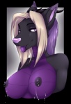 anthro areola black_nipples blonde_hair bodily_fluids breasts female fur grey_body grey_fur hair lactating long_hair looking_at_viewer milk nipples pink_nose purple_body purple_eyes purple_nipples purple_scales purple_tongue scales solo tongue tongue_out here-kitty-kitty mythology stella_de_fiore canid canine dragon furred_dragon furred_scalie hybrid mammal mythological_creature mythological_scalie scalie 2014 digital_media_(artwork) shaded