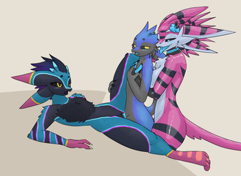 anal anthro female genitals glistening glistening_body group gynomorph intersex intersex/male latex_body male male/female penis tongue trio vaginal yporolsya naala_(yporolsya) avali avian latex_creature living_latex absurd_res hi_res